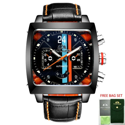 Automatic Watches for Men Mechanical Genuine Leather Stainless Steel Black Orange Blue Casual 40mm Perspective See Through Watch