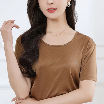 Summer High-End Women's Short Sleeve T-Shirt Acetate Fabric Knitted European Style Thin Hot Selling Top for Ladies