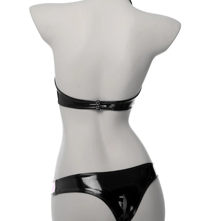 Womens Lingerie Temptation Set Hollow Chest Crop Top with Crotchless Open Butt Briefs Patent Leather Bra with Underwear Sets