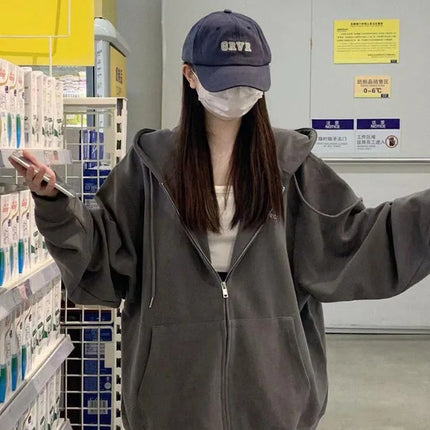Oversize Women's Sweatshirts Autumn Casual Korean Long Sleeve Hooded Zip-up Y2k Hoodies Streetwear Harajuku Female Clothes Black