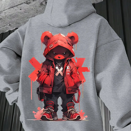 Men's Black OG Bear Graphic Hoodie with Red X Design and Drip Effect, Streetwear Pullover for Urban Fashion