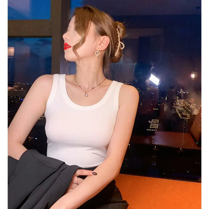 Summer 2026 Slim Fit Elastic Ribbed Cotton Knitted Vest Women's Base Layer Tank Top Anti-Light Inner Wear Straight Cut Regula...
