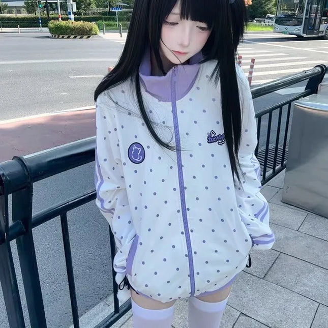Cute Dot Sweet Sweatshirts Women Loose Cartoon Striped Kawaii Hoodies Japan Long Sleeve Stand Collar Preppy Style Outwear Tops