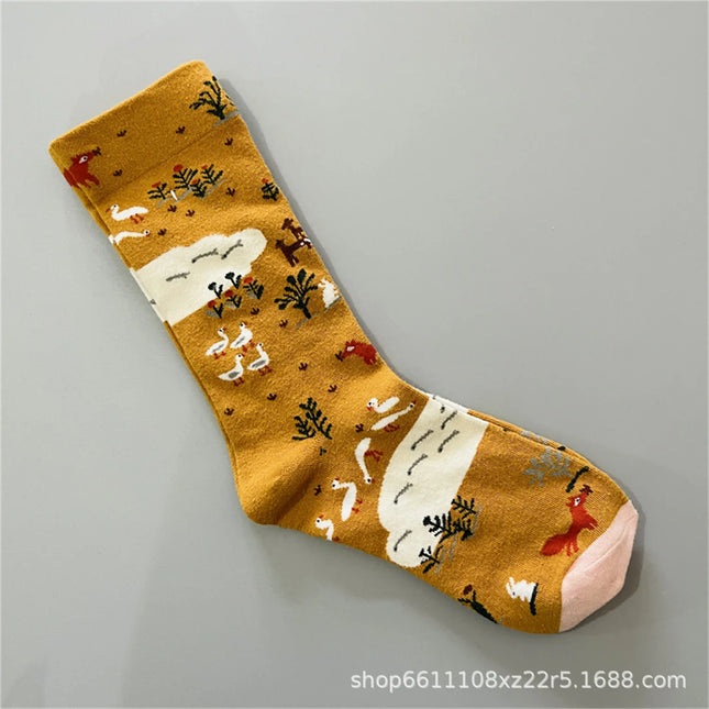 Bonne Maison French Small Batch Women's Fun Oil Painting Style Mid-Calf Cotton Dopaamine Colorful Socks Moisture Wicking Sweat
