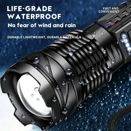 Powerful LED Flashlight Type C Rechargeable Waterproof Torch with Side Light 7 Modes Zoomable Lamp for Camping Fishing Lantern