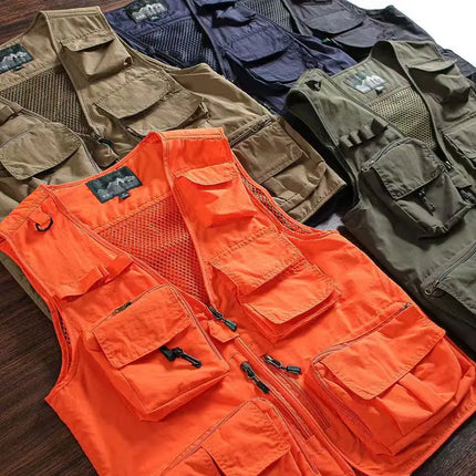Summer Men's Casual Vest Solid Color Multi-pocket Mesh Patchwork Breathable Sleeveless Vest Camping Fishing Photography Vest Top
