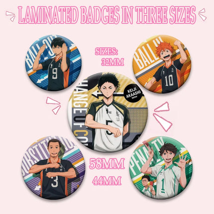 Round Snap-in Brooches Anime Haikyuu Lapel Pins Hinata Shoyo Tobio Kageyama Yu Nishinoya Cartoon Badge Backpack Accessories Gift