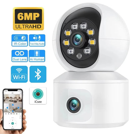 6MP iCsee WiFi IP Camera Dual Lens Dual Screen PTZ Auto Tracking Home Security Camera Baby Monitor CCTV Video Surveillance Cam