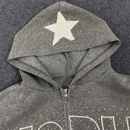 American Casual Sweatshirt Letters Patchwork Women Hoodies Autumn Winter High Street Stars Rhinestone Print Harajuku Zipper Top
