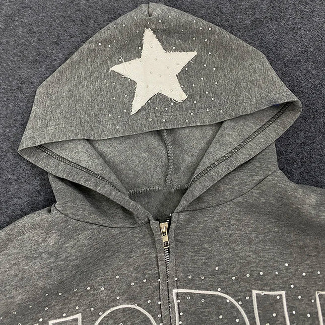 American Casual Sweatshirt Letters Patchwork Women Hoodies Autumn Winter High Street Stars Rhinestone Print Harajuku Zipper Top