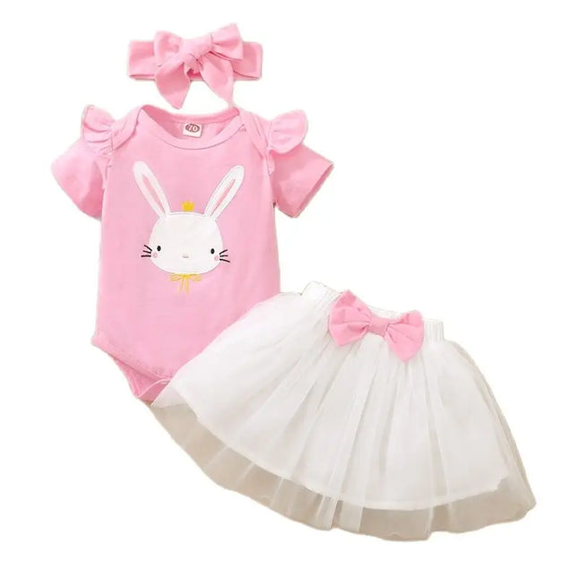 0-18 Months Newborn Baby Girl Daily Clothes Set Rabbit Print Short Sleeve Romper+ Tulle Skirt+Headband Summer 3PCS Outfit