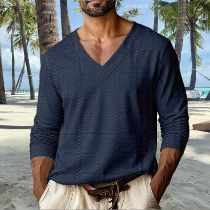 Men's V-neck casual sporty drop shoulder sleeve T-shirt, comfortable and stylish long sleeve T-shirt for everyday wear and vacat