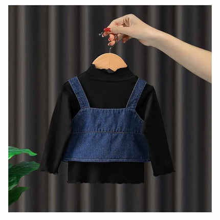 New Girls Denim Strappy Sets Baby Fashion Casual Suit Spring Autumn Children's Long-Sleeved Sweet Three-Piece 12M-4 Years Old