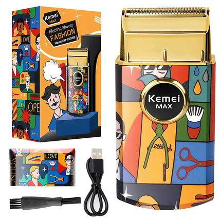 Kemei Titanium Double Foil Reciprocating Electric Shaver Professional Barber Finishing Razor Graffiti Pattern for Men KM-RS7098