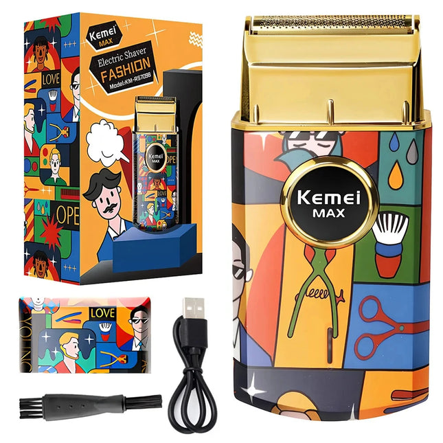 Kemei Titanium Double Foil Reciprocating Electric Shaver Professional Barber Finishing Razor Graffiti Pattern for Men KM-RS7098