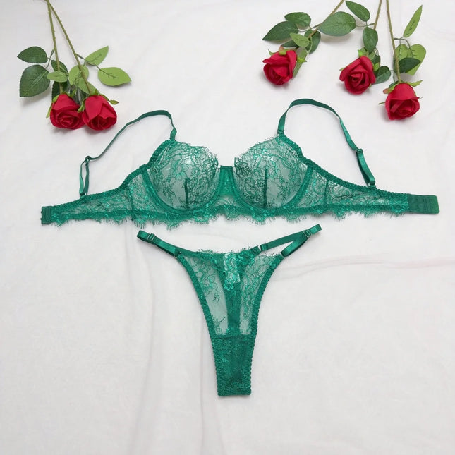 Women's Brown Eyelash Lace Lingerie Set Soft Underwire Sheer Bra with Adjustable Straps Hollow out Thong 2Pcs Romantic Intimates