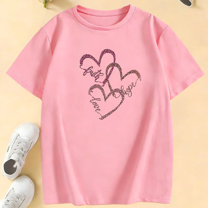 Leopard Print with Love Heart T-Shirts Kids Children's T-shirt Boys Girls Summer Spring Casual Top Tee Shirt