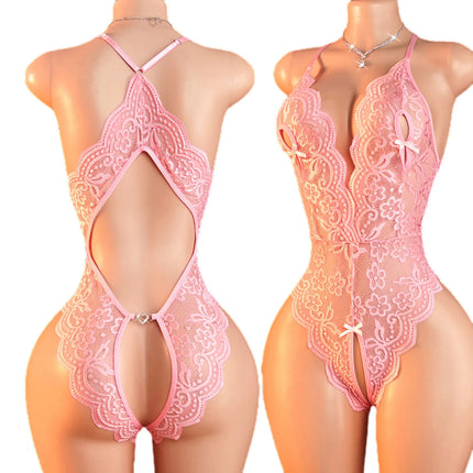 Sexy Lingerie For Women Erotic Bodysuit Crotchless Hollow Lace Bow Underwear Babydoll Transparent Outfit Wedding Honeymoon Dress