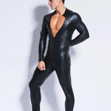 M-3XL Men Wetlook Faux Leather Double Zipper Open Crotch Pvc Bodysuit Gay Hot Lingerie Latex Catsuit Fetish Wear Sexy Costume