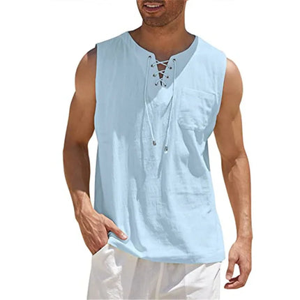 Men's Casual Shirts Sleeveless Vest Bandage Lace Up Blouse Retro V Neck Fashion Loose Shirt Male Solid Color Clothes