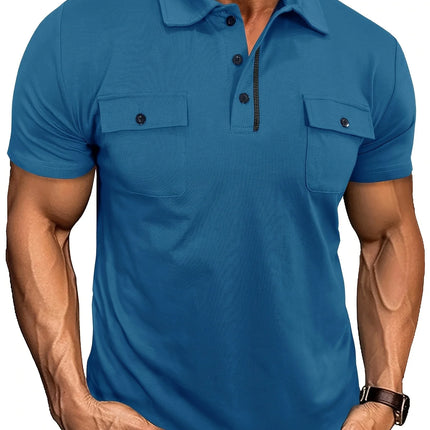 Summer Men's Short-Sleeve Polo Shirt Casual Solid Color Turn-Down Collar T-Shirt Pullover Top Henley Shirt with Pockets