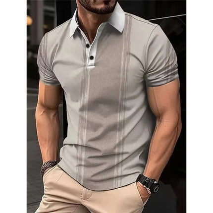 Summer 3D Men's Fashion Stripe Printed Short Sleeve Collared Button Casual Polo Shirt