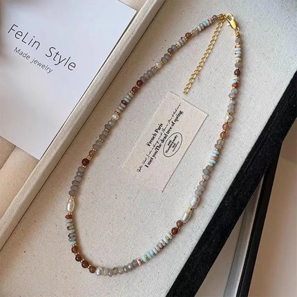 Retro Handmade Woven Natural Stone Beadeds Chain Pearl Pendant Necklace Bracelet Accessories for Women Fashion Jewelry Set Gifts