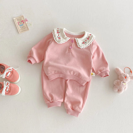 Autumn girls' sweatshirt set, long-sleeved embroidered lapel top and sweatpants two-piece set for casual outings