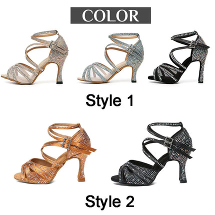 DKZSYIM Rhinestone Women Latin Dance Shoes Latin Salsa Girl Dancing Shoes Black Shiny Ballroom Dance Shoes For Girls Ladies