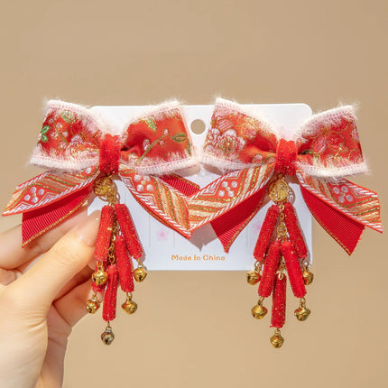 New Year Chinese-Style Hair Accessories Collection,Butterfly/Flower/Fan Designs with Fur Balls,Festive Clips for New Year Outfit