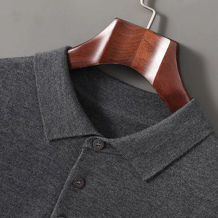 Men's T-shirt summer worsted wool sweater short-sleeved casual solid color men's clothes POLO collar knitted Tops loose Blouse