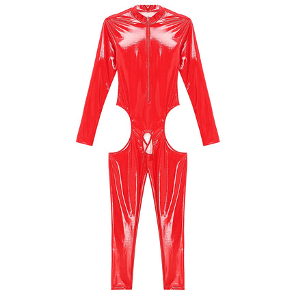 Women's Sexy Open Crotch Wet Look Jumpsuit Faux Leather Full Body Suit Latex Catsuit Long Sleeve Zipper Leotard One-Piece Clubwear