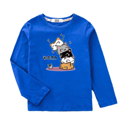 Childrens Spring Autumn T-shirt Human Pyramid Cat Cartoon Shirt Boys Girls Long Sleeved Top Cotton Clothing