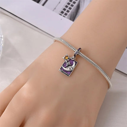 925 Sterling Silver Inlaid Heart-Shaped Beads & Rose Dangle Charm Fits Snake Bracelet Boutique Necklace Purple Pendant Gift