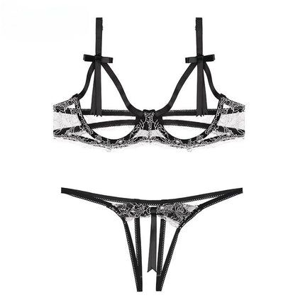 Porno Openwork Sexy Lingerie Set Lace Perspective Steel Tray Bra Open Crotch Thong Women Underwear Exposing Breasts Lingerie Set
