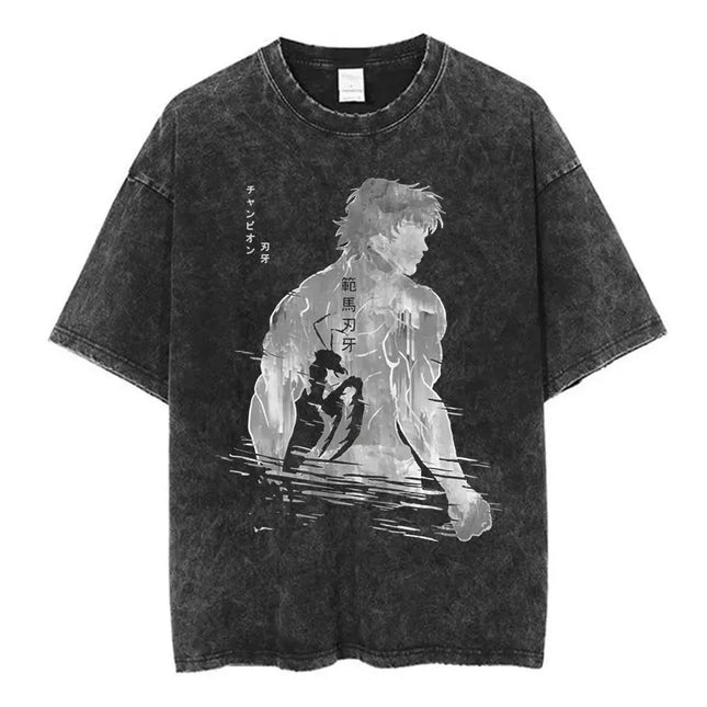 Vintage Washed T Shirt Anime Baki The Grappler T-shirt Hanma Yujiro Gym Short Sleeve T-shirts Oversized Cotton Casual Tee Shirt