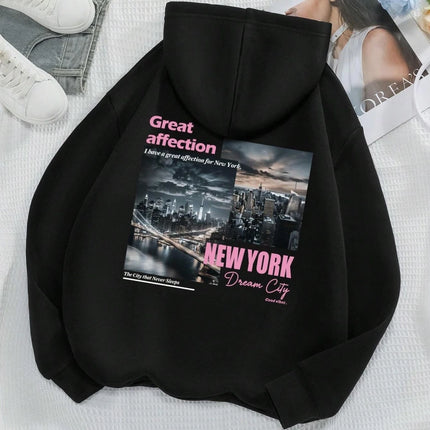 New York Dream City Printed Hoodies Casual Fashion Women Pullover Fleece Warm Pocket Sweatshirt Sporty Oversize Street Clothes