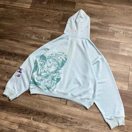 Y2K Anime JoJo Shahzad Clothing Joestar Style Zip Hoodies Men Light Blue Star Tusk Print Oversized Embroidery Couple Sweatshirt