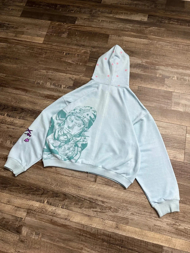Y2K Anime JoJo Shahzad Clothing Joestar Style Zip Hoodies Men Light Blue Star Tusk Print Oversized Embroidery Couple Sweatshirt