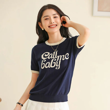 New women's short-sleeved 100% cotton knitted O-neck women's T-shirt Korean version fashionable hot selling top