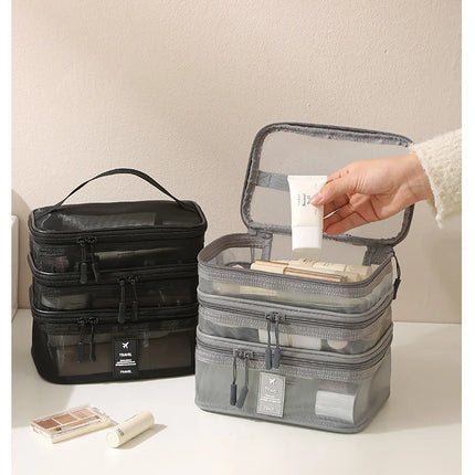 Fashion Transparent Mesh Travel Cosmetic Bag Storage Multi Layer Portable Womens Toiletry Bag Large Capacity Bag Makeup