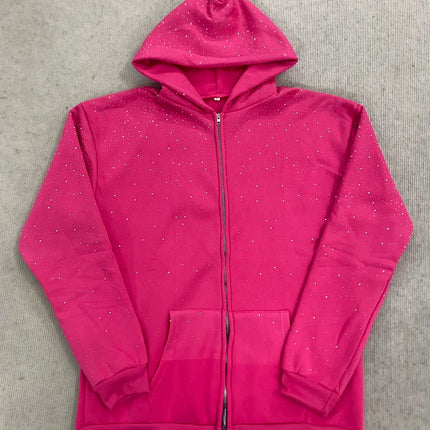 Gothic Rhinestone Inlaid Hoodie Solid Color Oversized Casual Jacket Trendy BF Style Fashion for Men And Women