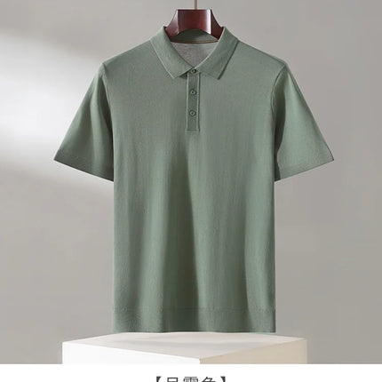 100% Lyocell men's T-shirt casual solid color knitted pullover short sleeved loose POLO collar Tees Pull on vest Tops