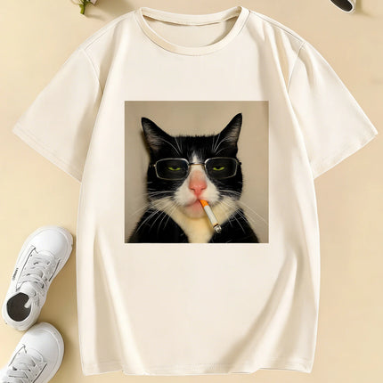 Fashion Retro Vintage Smoking Cat Design Print T-Shirts Kids Children's T-Shirt Casual Boys Girls Summer Spring Casual Top Tee