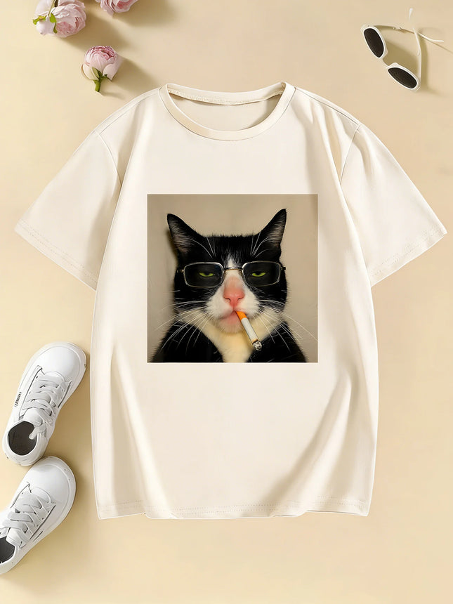 Fashion Retro Vintage Smoking Cat Design Print T Shirts Kids Children's T-shirt Casual Boys Girls Summer Spring Casual Top Tee