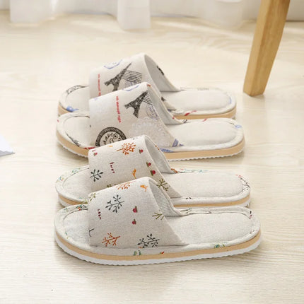 Four Season Linen Home Slippers Women Autumn Indoor Casual Floral Slides Couples House Non-slip Sandals Adults Cartoon Cat Shoes