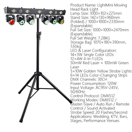 120W 6 Head Moving Head Light RGB Strobe Effect Stage Lighting DMX512 Sound Control For Party DJ Disco Show With Mobile stand