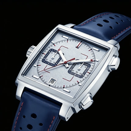 White Black Blue Leather Square Men Watch, VK63 Quartz Chronograph Wristwatch with Sapphire Crystal