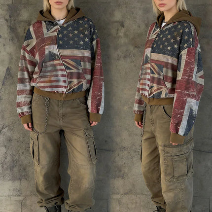 2026 New Women's Zipper Hoodie Retro Flag Printed Hoodie Sportswear Casual Street Wear Y2K Long Sleeve Top