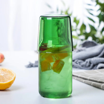 1 Set 450ml 15oz Bedside Water Carafe and Glass Cup Set Heat Resistant Healthy Blue Amber Green Color Glass Pitcher Tumbler Cup